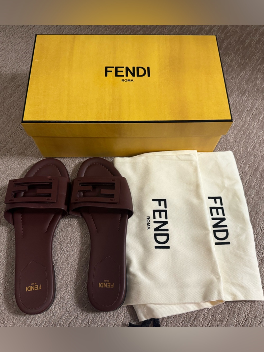 Fendi Brown FF Cutout Leather Slide Sandals